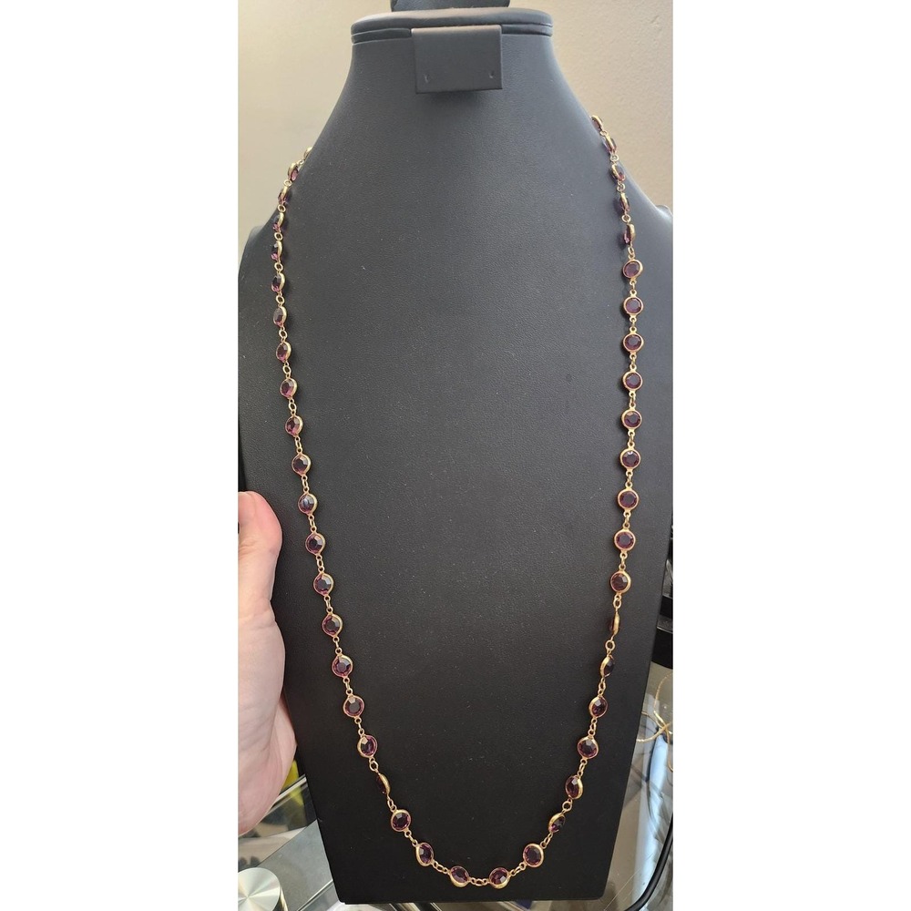 Swarovski Gold Tone Purple Crystal Station Long Necklace Amethyst Color Stone